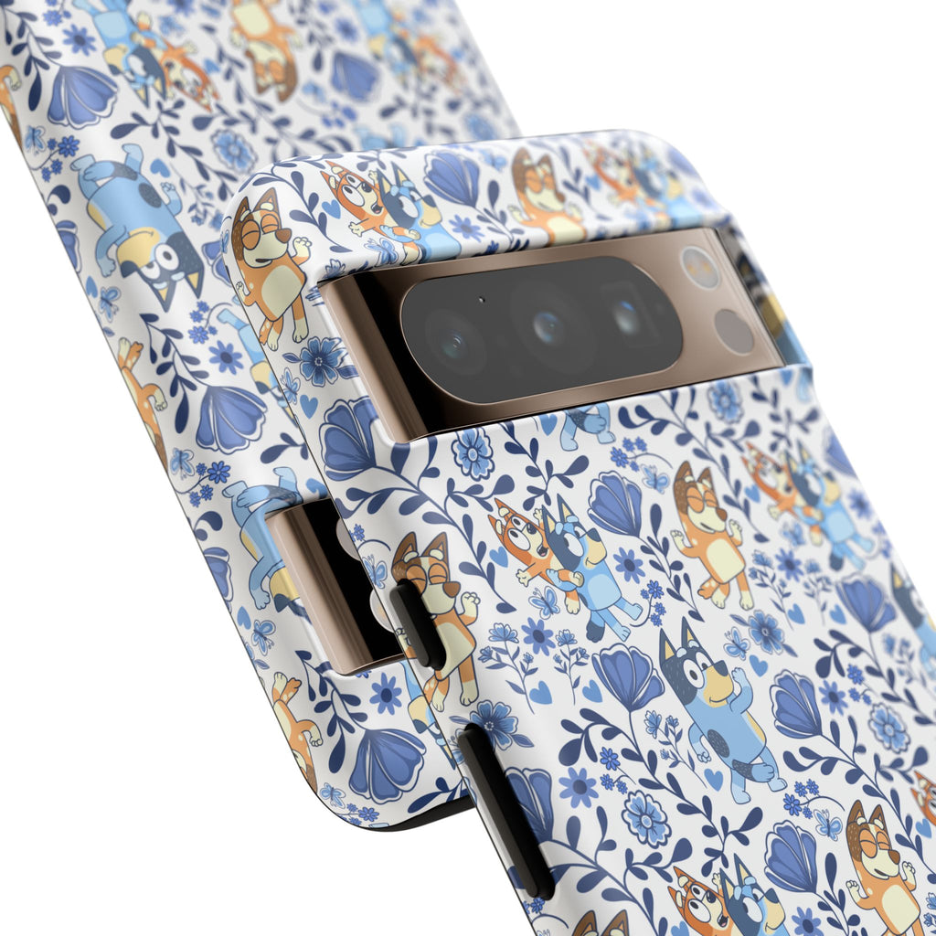 Blue Floral Fine China Cartoon Heeler Dogs Though Case for iPhone, Google, and Samsung phones