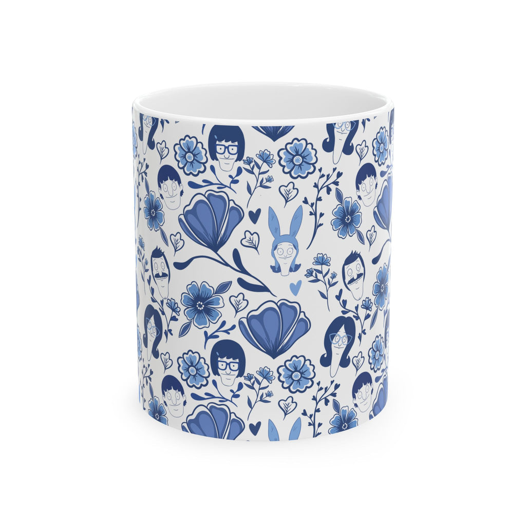 Bob's Burgers Inspired Blue Fine China Floral Pattern Ceramic Mug — Whimsical Faces & Bunny Design (11oz/15oz)