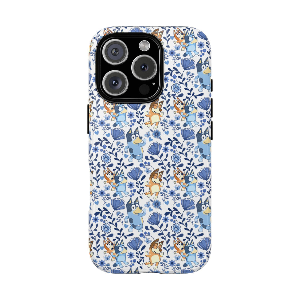 Blue Floral Fine China Cartoon Heeler Dogs Though Case for iPhone, Google, and Samsung phones