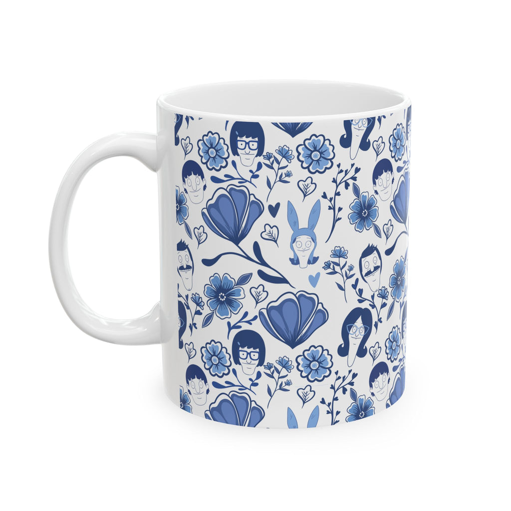 Bob's Burgers Inspired Blue Fine China Floral Pattern Ceramic Mug — Whimsical Faces & Bunny Design (11oz/15oz)