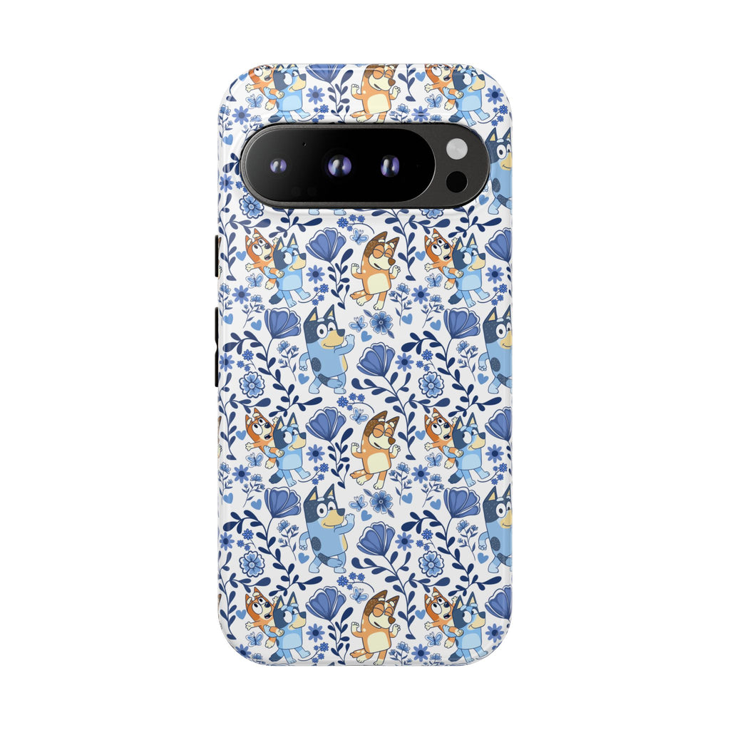 Blue Floral Fine China Cartoon Heeler Dogs Though Case for iPhone, Google, and Samsung phones