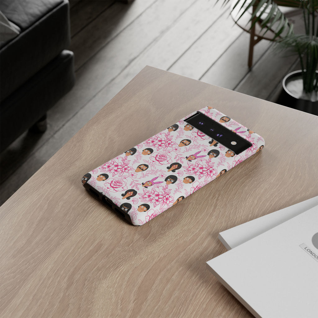 Bob's Burgers inspired Phone Case — Floral Pattern with Character Faces iPhone, Samsung, Google Phones