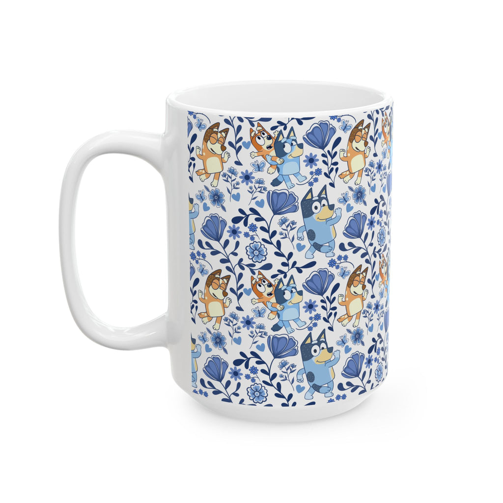 Blue Dog Family Floral Cartoon Dog Ceramic Mug – Cute Patterned Coffee Cup (11oz, 15oz)