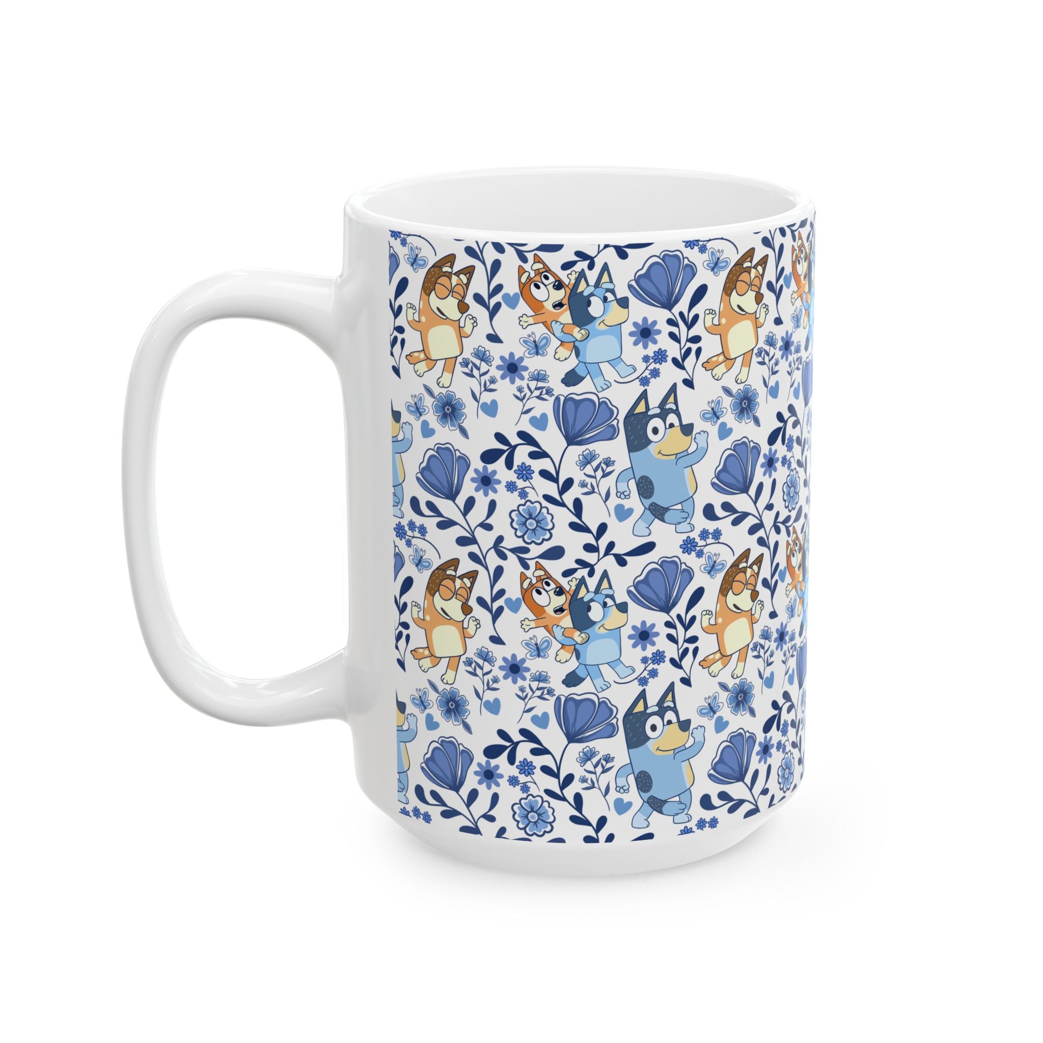Blue Dog Family Floral Cartoon Dog Ceramic Mug – Cute Patterned Coffee Cup (11oz, 15oz)
