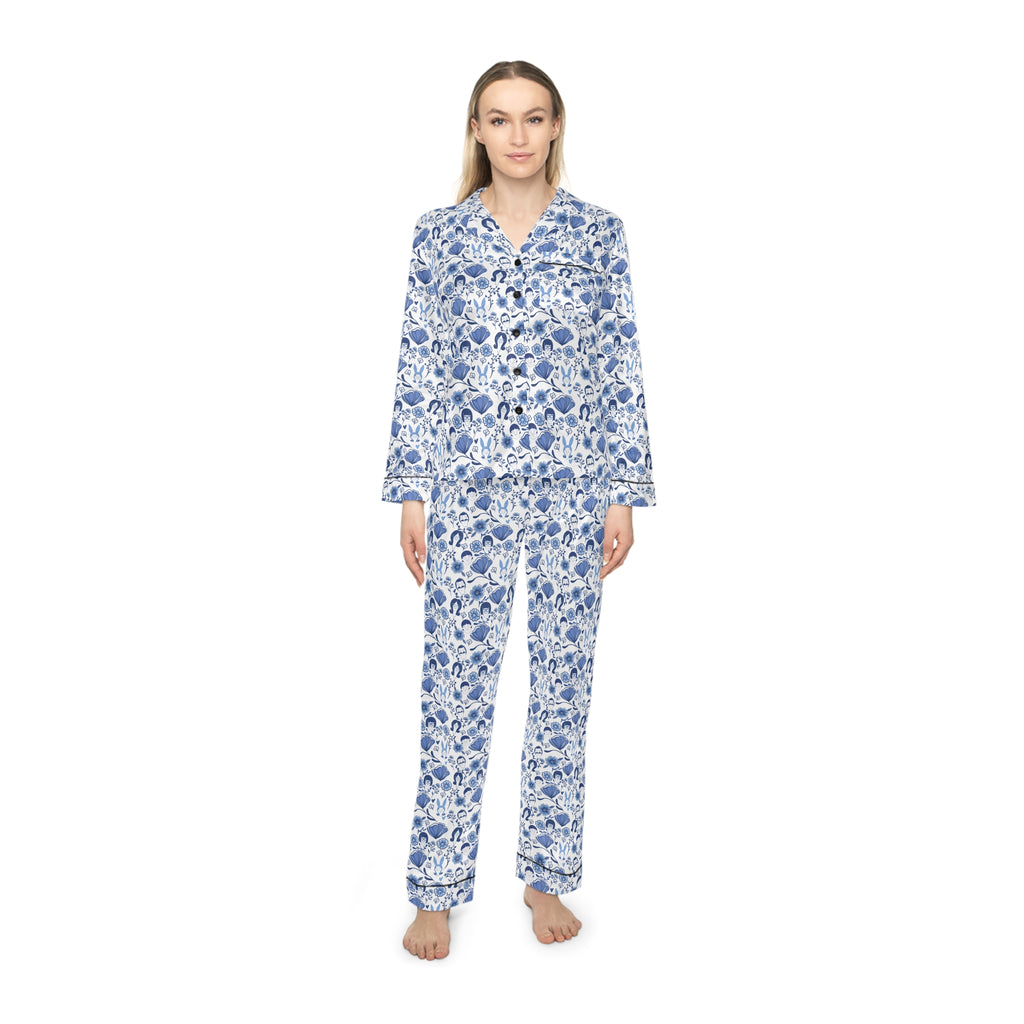 Floral Blue Satin Pajamas — Women's Printed Sleep Set