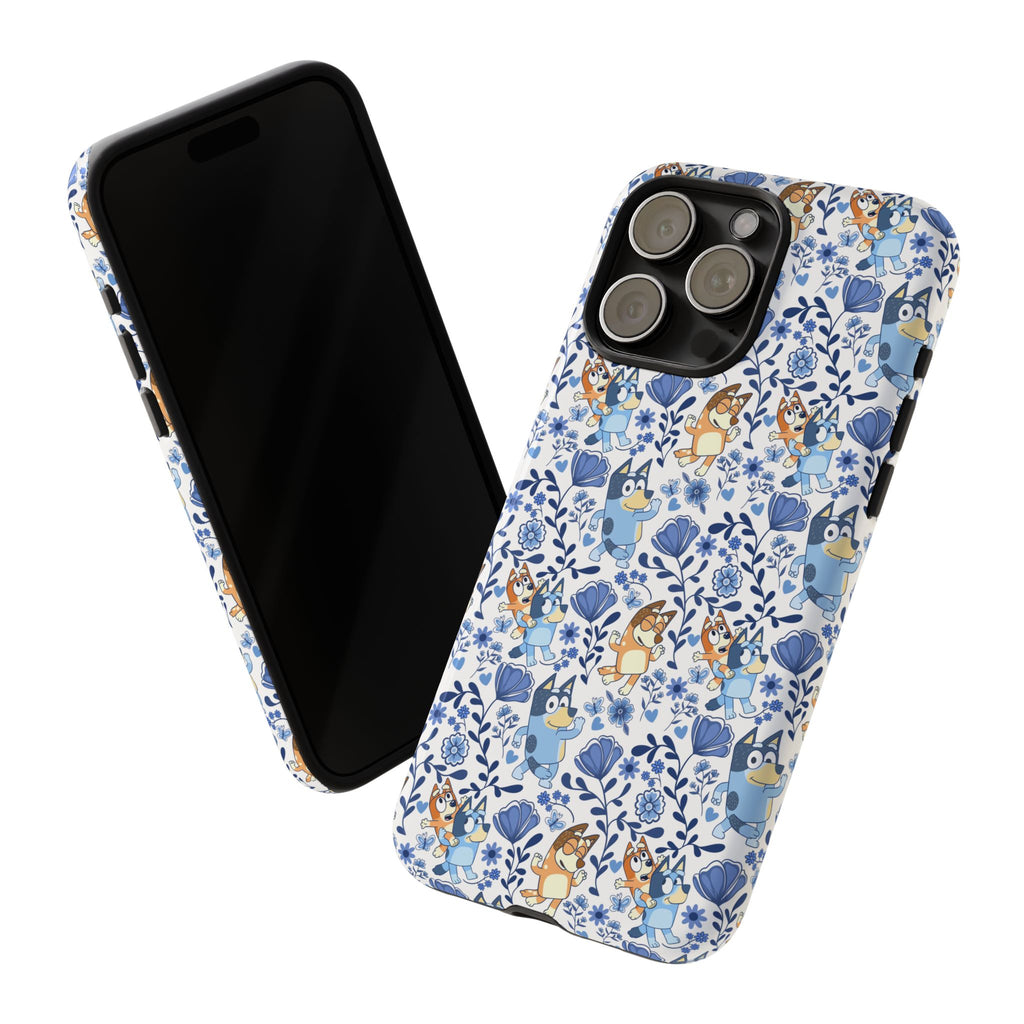 Blue Floral Fine China Cartoon Heeler Dogs Though Case for iPhone, Google, and Samsung phones