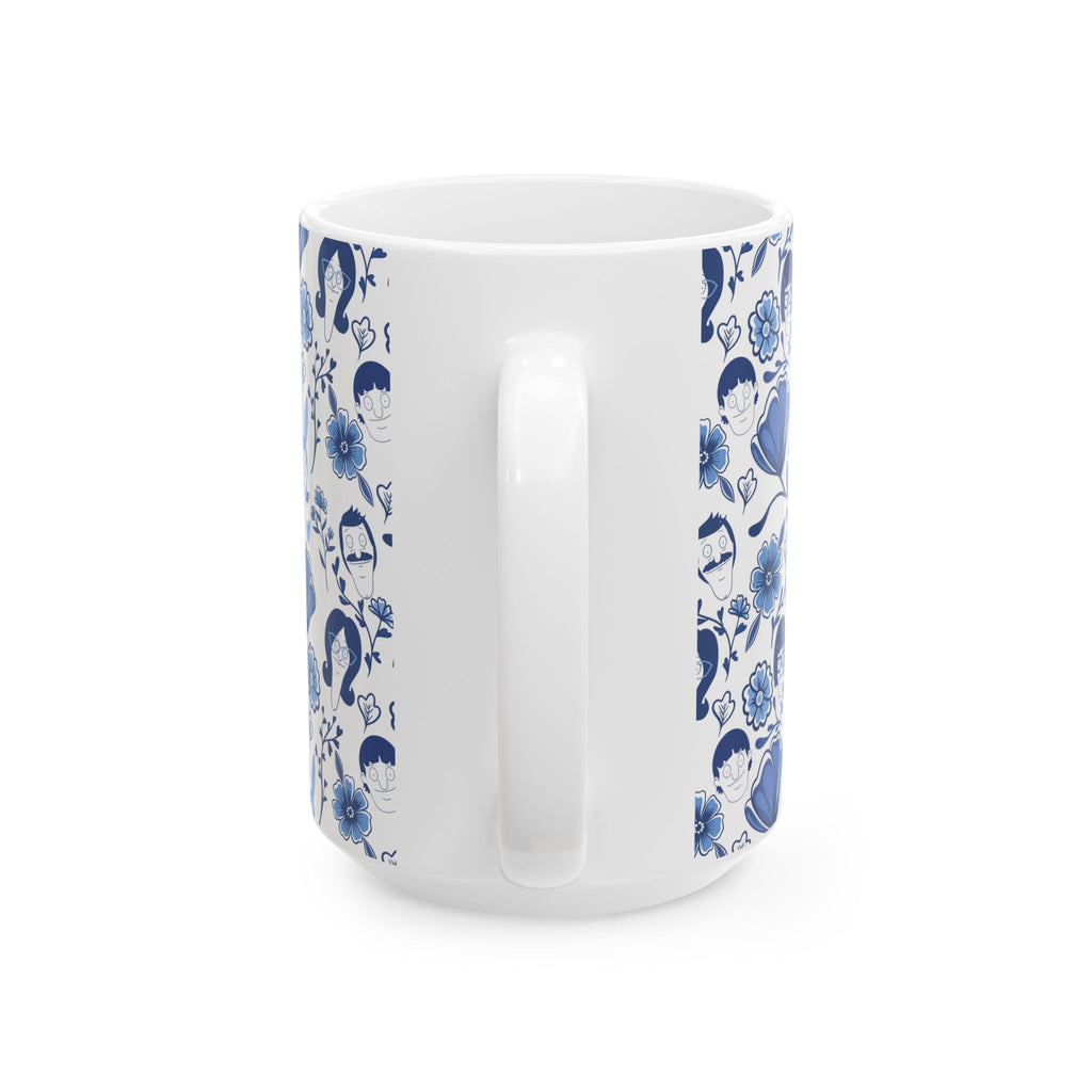 Bob's Burgers Inspired Blue Fine China Floral Pattern Ceramic Mug — Whimsical Faces & Bunny Design (11oz/15oz)