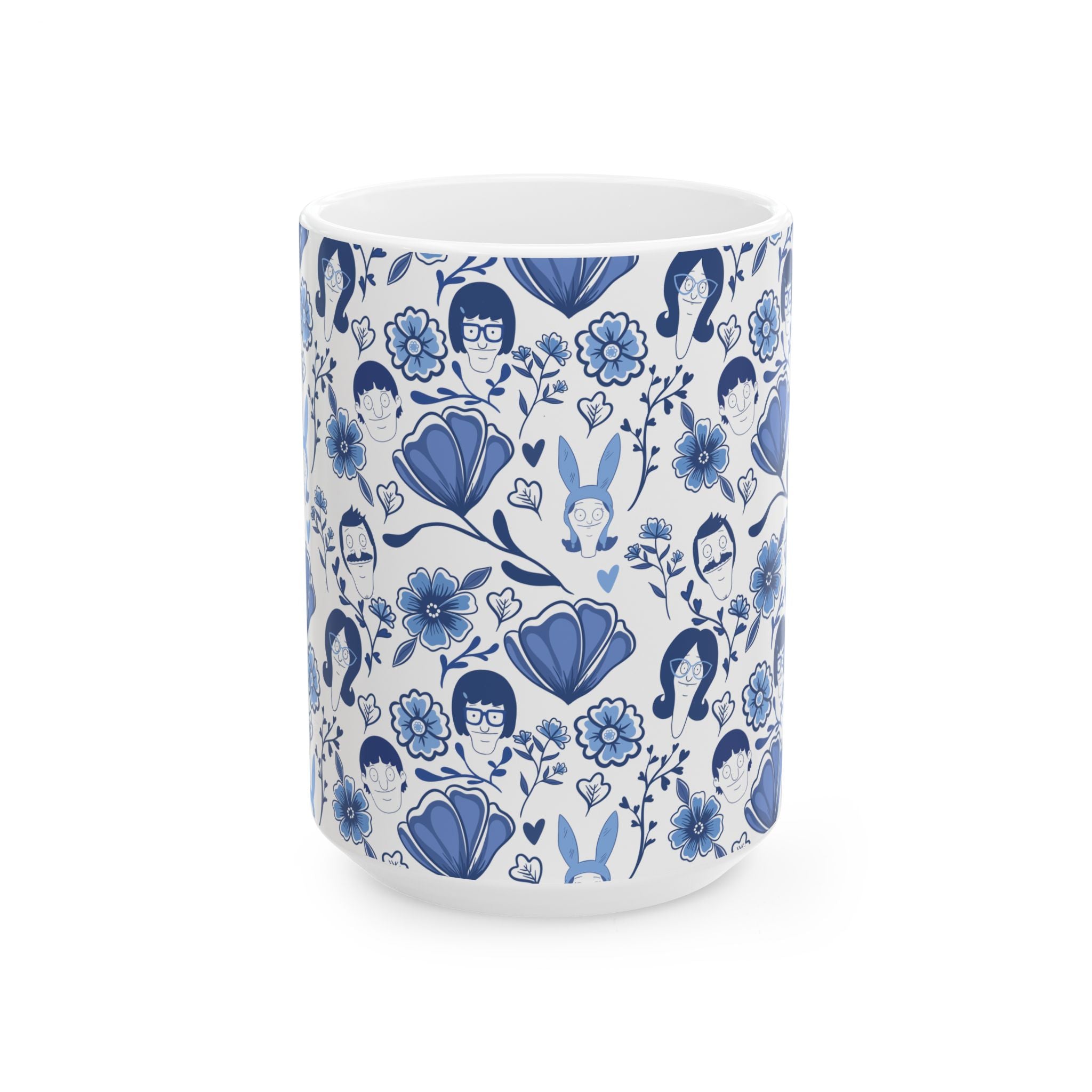 Bob's Burgers Inspired Blue Fine China Floral Pattern Ceramic Mug — Whimsical Faces & Bunny Design (11oz/15oz)