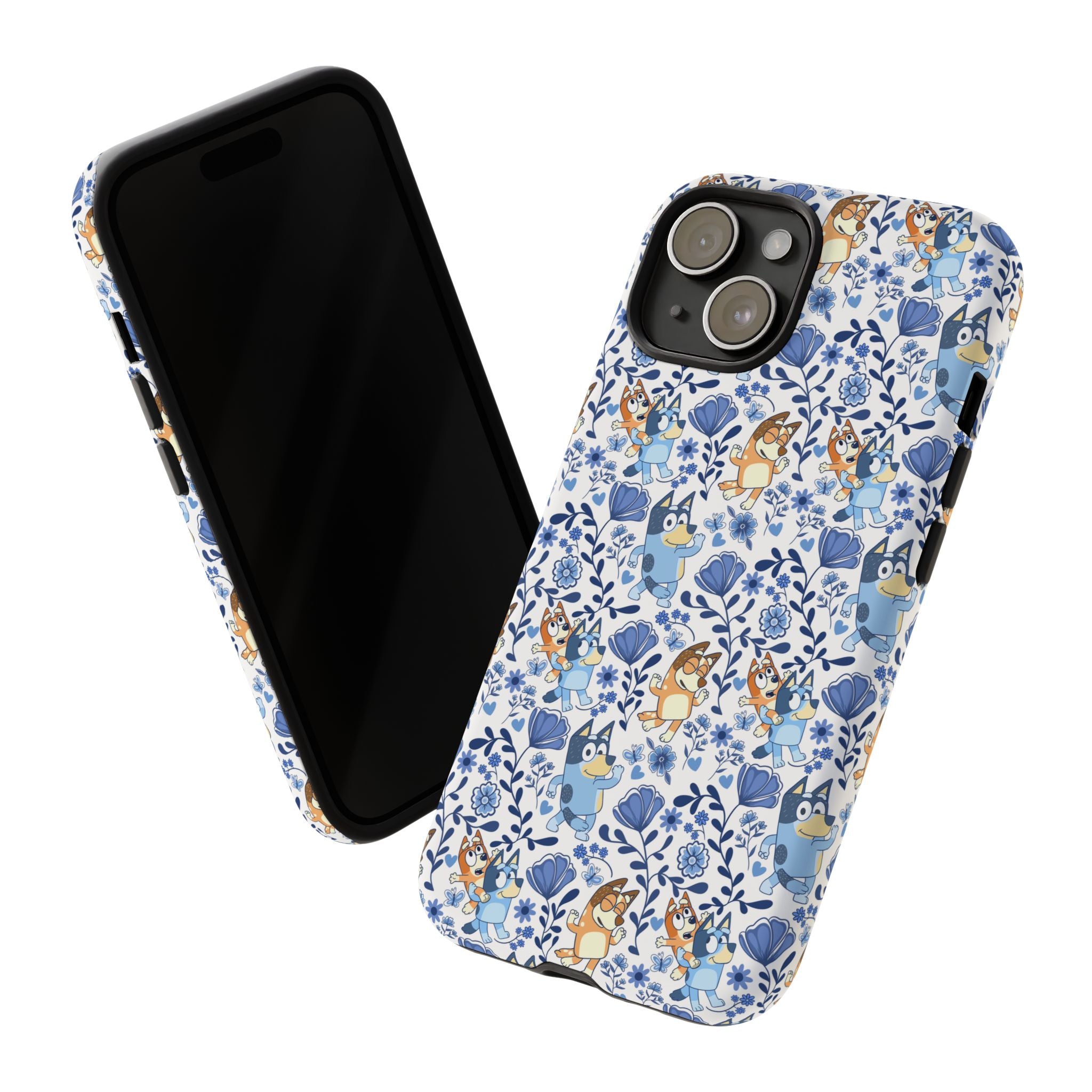 Blue Floral Fine China Cartoon Heeler Dogs Though Case for iPhone, Google, and Samsung phones