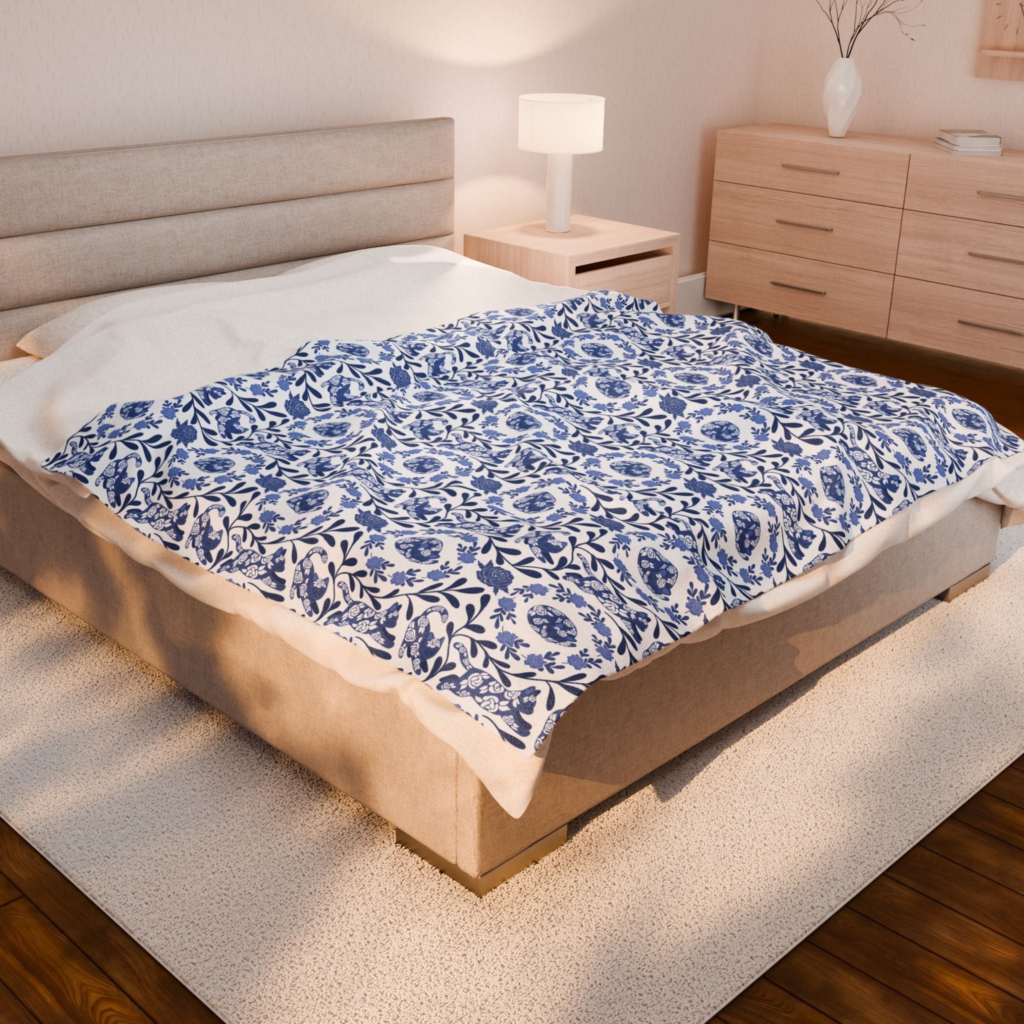 Kitty Blue Floral Velveteen Plush Blanket — Soft Decorative Throw for Cozy Home, Gift