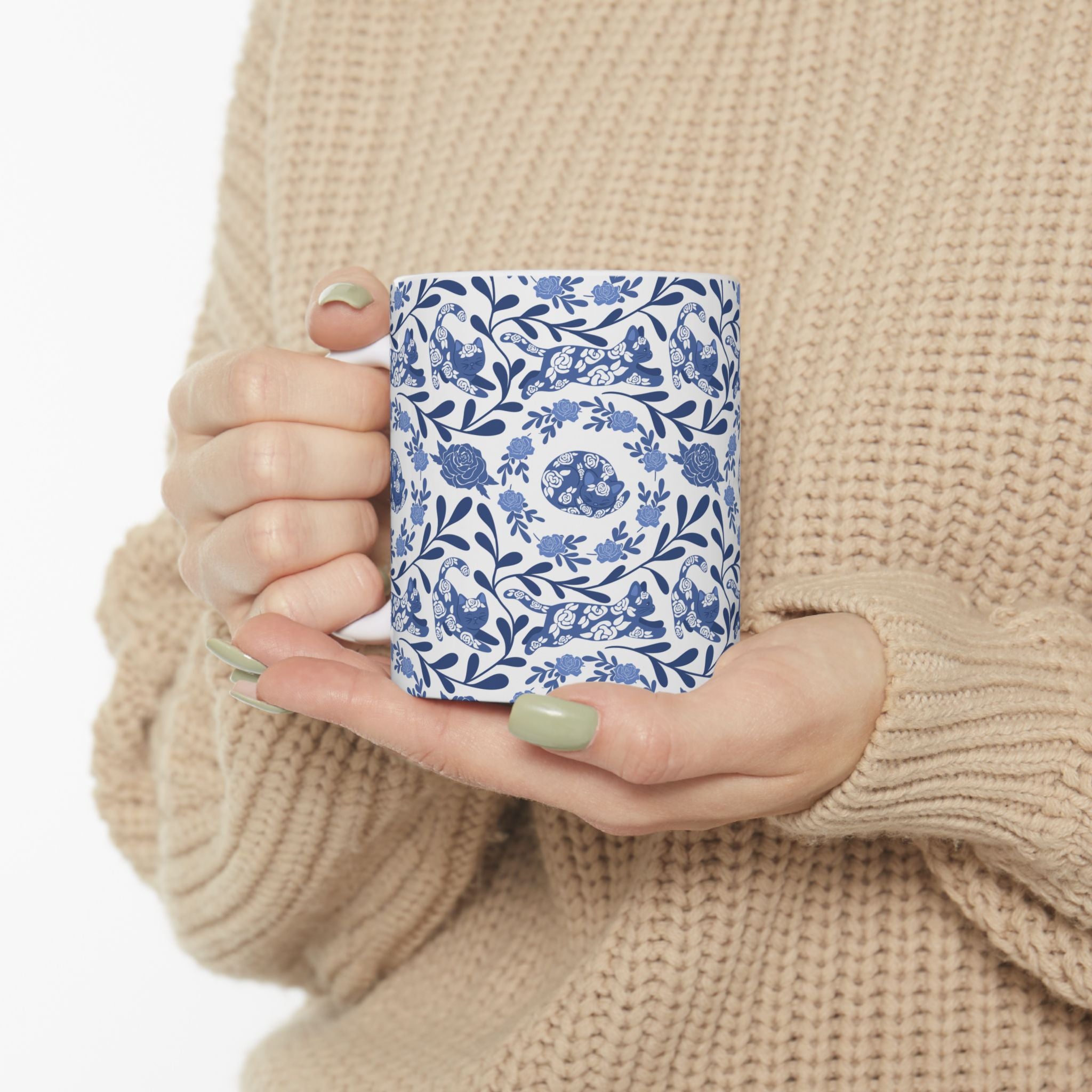Blue Floral Kitty Mug - 11oz